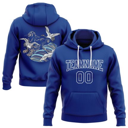 Custom Name & Number 3D Crane & Cloud Sports Hoodie - Personalized Royal White Pullover Sweatshirt Personalized Stitched