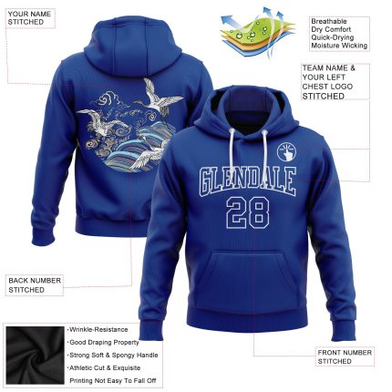 Custom Name & Number 3D Crane & Cloud Sports Hoodie - Personalized Royal White Pullover Sweatshirt Personalized Stitched