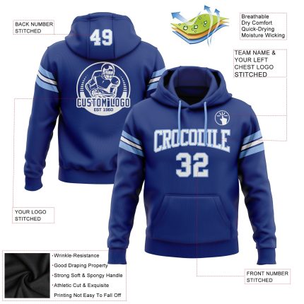 Custom Name Number Hoodie Football Pullover Sweatshirt Royal White Light Blue Personalized Stitched Royal White-Light Blue