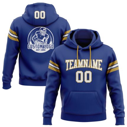 Custom Name Number Royal White Old Gold Football Hoodie Sweatshirt Pullover - Personalized Team Apparel Personalized Stitched