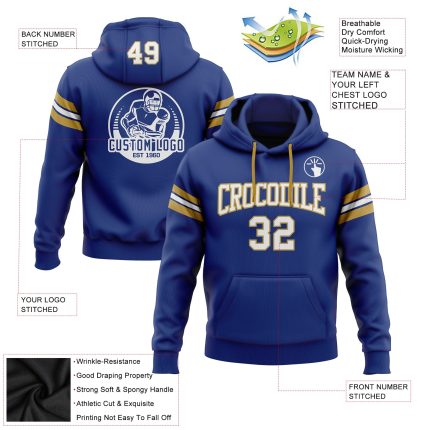Custom Name Number Royal White Old Gold Football Hoodie Sweatshirt Pullover - Personalized Team Apparel Personalized Stitched