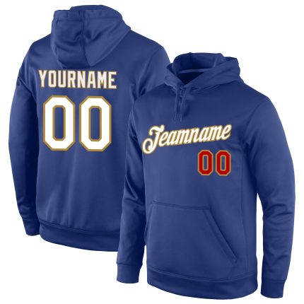 Custom Name and Number Sports Pullover Hoodie - Personalized Stitched Royal White and Old Gold Sweatshirt Personalized Stitched