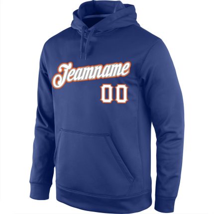 Custom Royal White-Orange Sports Hoodie with Personalized Name & Number - Stitched Pullover Sweatshirt Personalized Stitched