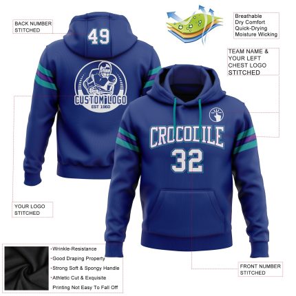 Custom Name Number Football Hoodie Sweatshirt in Royal Purple Teal - Personalized Stitched Team Apparel Personalized Stitched