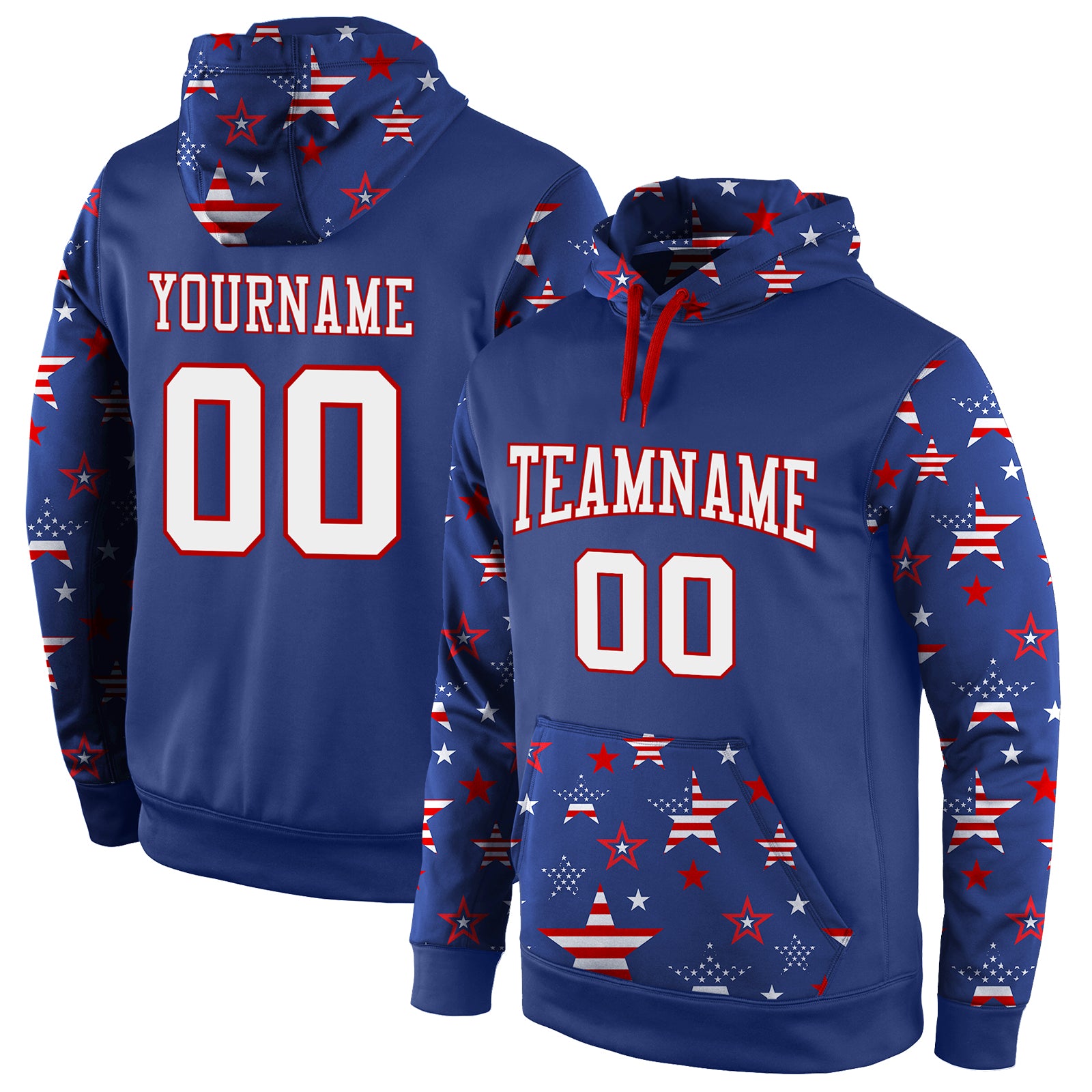 Personalized 3D American Flag Pullover Hoodie for Men - Royal White-Red Fashion Sweatshirt Personalized Stitched Royal White-Red