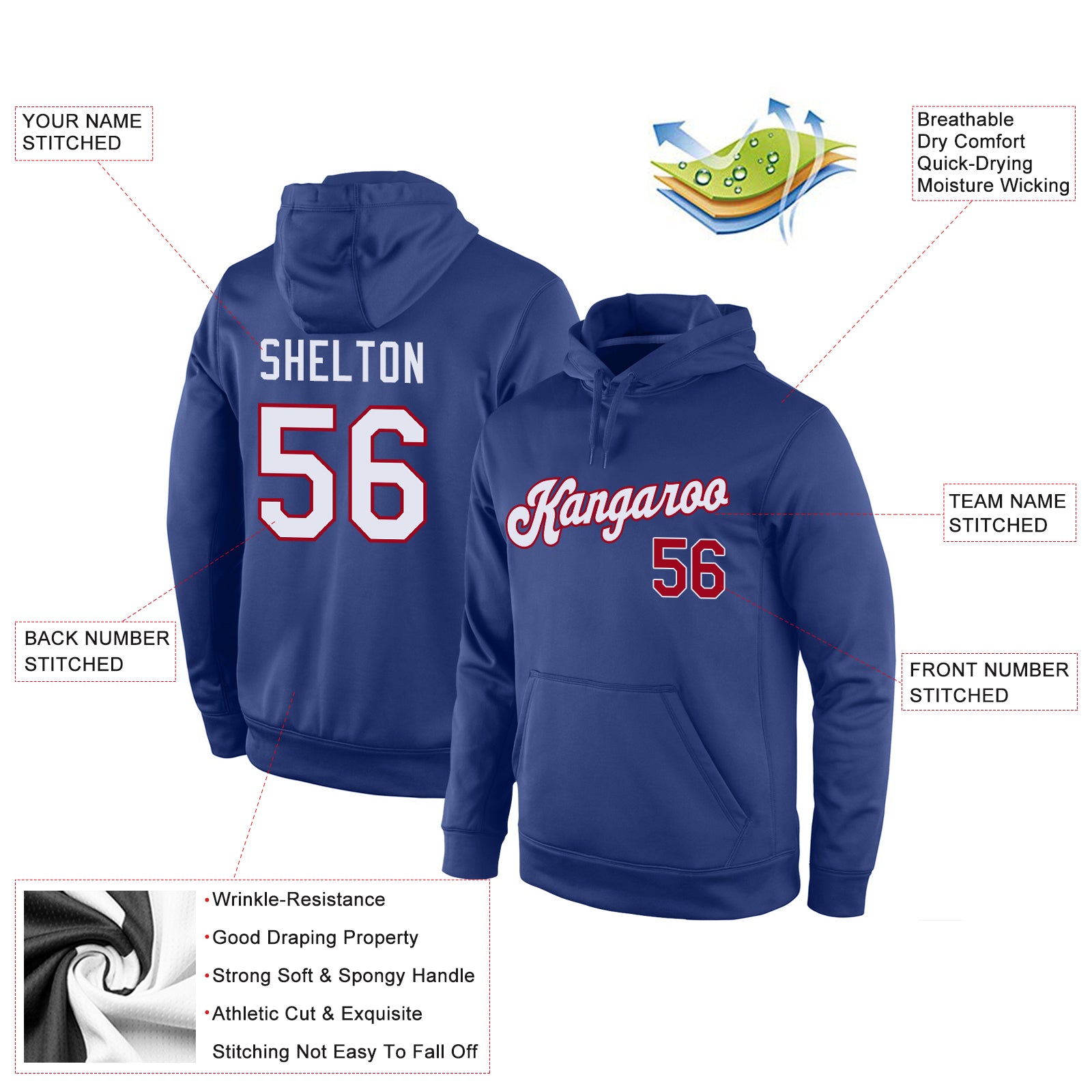 Personalized Stitched Royal White-Red Sports Pullover Sweatshirt Hoodie Team Custom Name and Number Custom Name and Number Sports Hoodie Sweatshirt - Personalized Royal White-Red Pullover Personalized Stitched Royal White-Red - Image 4