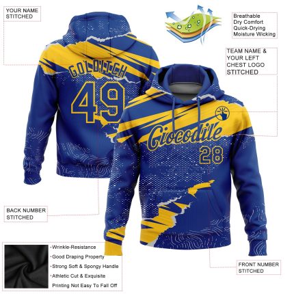 Custom Name and Number Sports Hoodie - Personalized 3D Torn Paper Style Royal Yellow Pullover Sweatshirt Personalized Stitched