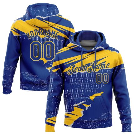 Custom Name and Number Sports Hoodie - Personalized 3D Torn Paper Style Royal Yellow Pullover Sweatshirt Personalized Stitched