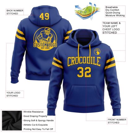 Custom Stitched Football Hoodie with Team Name and Number - Royal Yellow-Black Pullover Sweatshirt Personalized Stitched