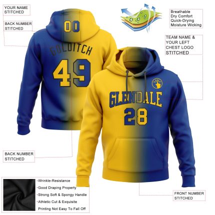 Custom Name and Number Sports Hoodie, Personalized Royal Yellow-Black Gradient Pullover Sweatshirt for Team Fans Personalized