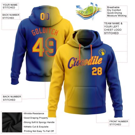 Custom Team Name Number Sports Hoodie Sweatshirt in Royal Yellow-Orange Gradient | Personalized Stitched Pullover Personalized