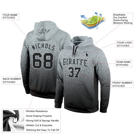 Custom Team Hoodie with Name and Number - Personalized Black Fade Sports Sweatshirt Pullover in Silver Personalized Stitched