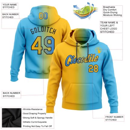 Custom Name Number Personalized Sports Hoodie Sweatshirt Sky Blue Gold-Black Gradient Stitched Fashion Pullover Personalized