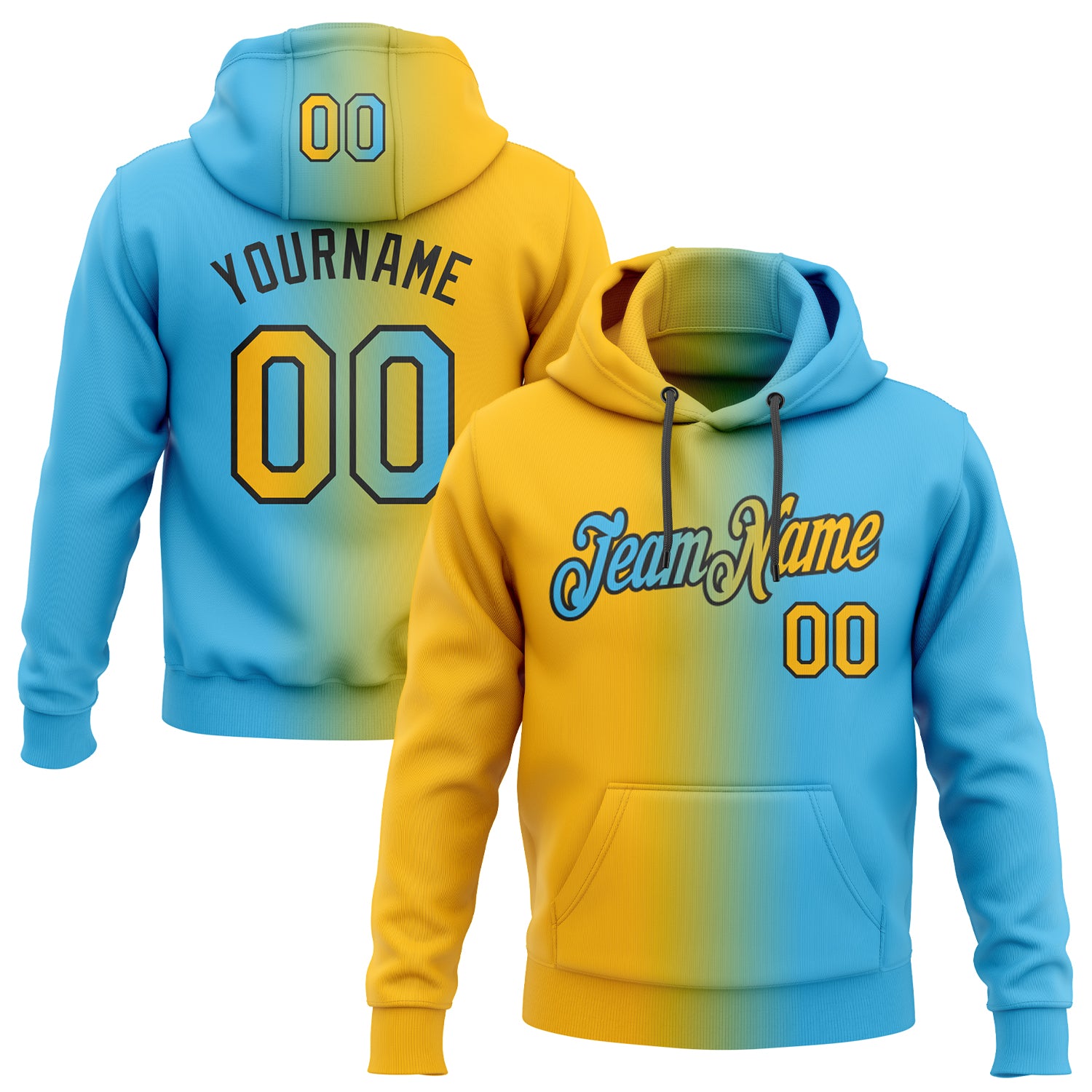 Custom Name Number Personalized Sports Hoodie Sweatshirt Sky Blue Gold-Black Gradient Stitched Fashion Pullover Personalized
