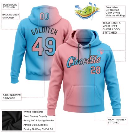 Custom Name and Number Personalized Sky Blue Pink-Black Gradient Sports Hoodie Pullover Sweatshirt Fashion Medium Personalized