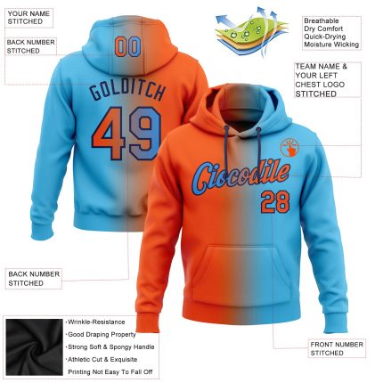Custom Team Name Number Hoodie Stitched Sky Blue Orange-Navy Gradient Fashion Sports Pullover Sweatshirt Personalized Stitched