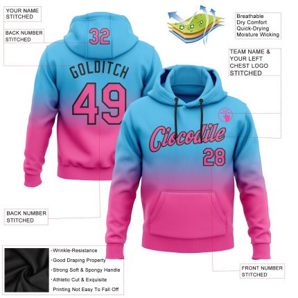 Custom Team Name Number Hoodie - Personalized Stitched Sports Sweatshirt in Sky Blue Pink Black Fade Fashion Personalized