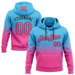 Custom Team Name Number Hoodie - Personalized Stitched Sports Sweatshirt in Sky Blue Pink Black Fade Fashion Personalized