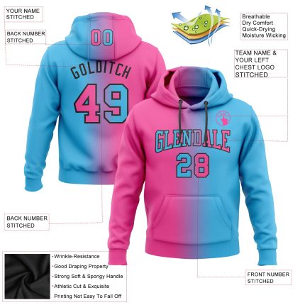 Custom Name Number Pullover Hoodie Sweatshirt - Sky Blue Pink Black Gradient Fashion Sports Team Design Personalized Stitched