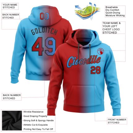 Custom Name Number Sports Hoodie Stitched Fashion Pullover Sweatshirt in Sky Blue Red Black Gradient for Team Wear Personalized