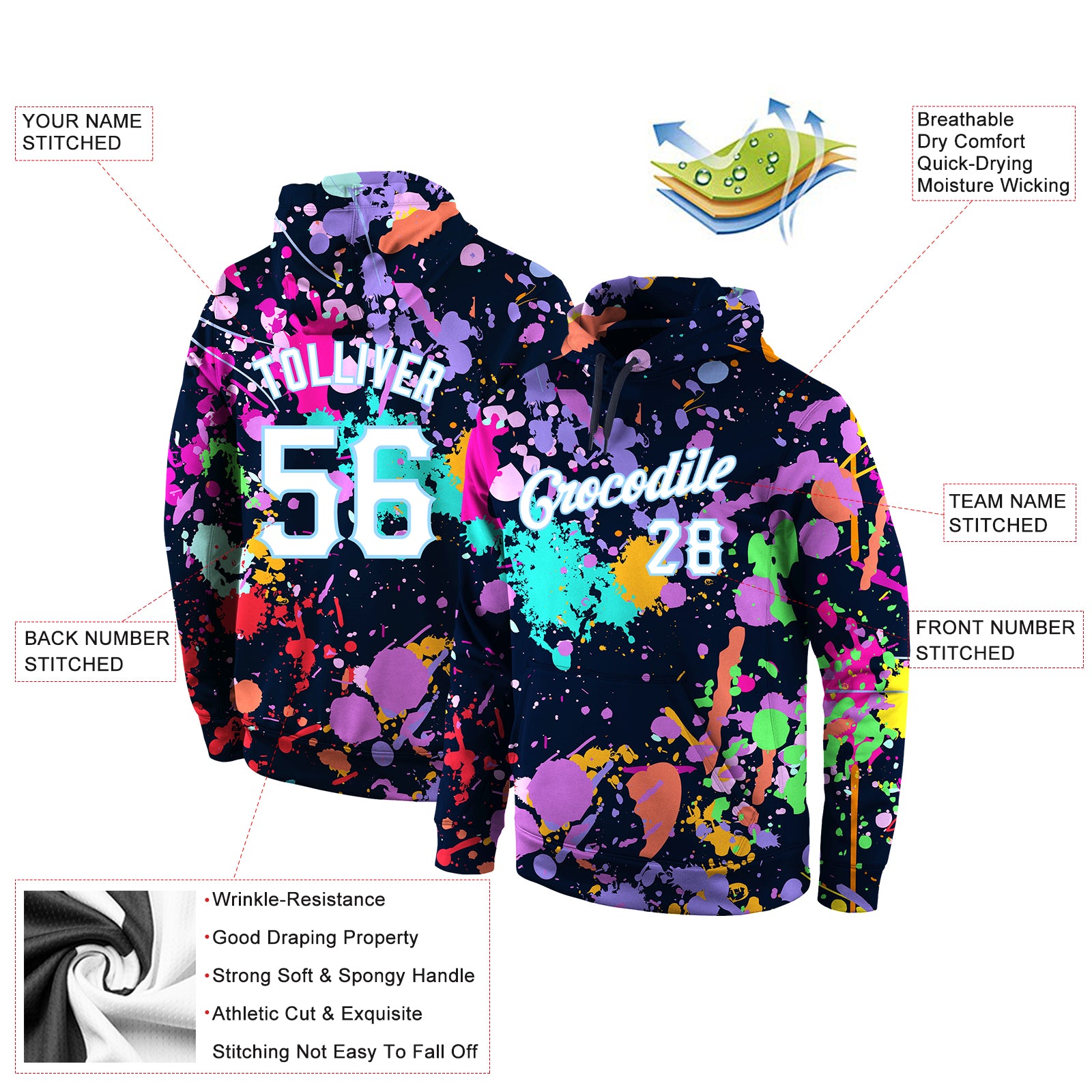 Personalized Stitched Splashes Graffiti Pattern White-Light Blue 3D Sports Pullover Sweatshirt Hoodie Team Custom Name and Number Custom Name Number Hoodie 3D Sports Pullover Sweatshirt White Light Blue Graffiti Pattern Personalized Stitched Splashes - Image 4