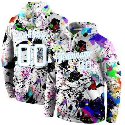 Personalized 3D Sports Hoodie Graffiti Pattern White-Light Blue Stitched Pullover Sweatshirt Personalized Stitched Splashes