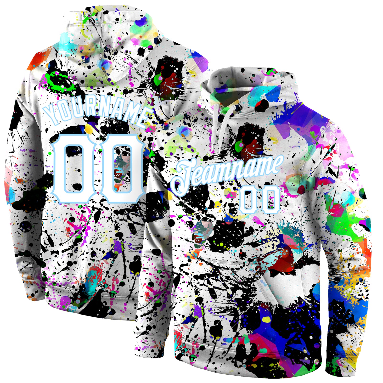 Personalized 3D Sports Hoodie Graffiti Pattern White-Light Blue Stitched Pullover Sweatshirt Personalized Stitched Splashes