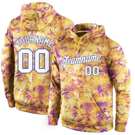 Custom Name & Number 3D Pullover Hoodie - Personalized White-Royal Graffiti Pattern Sweatshirt with Stitched Splashes Personalized