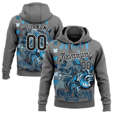 Custom Team Name Number 3D Pattern Hoodie Pullover Sweatshirt - Personalized Gray Black-White Tiger Design Personalized Stitched