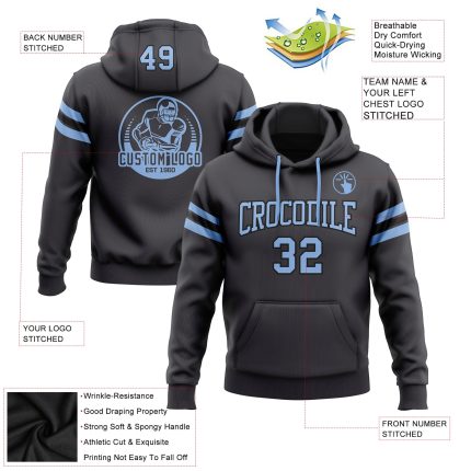 Custom Football Hoodie with Personalized Name and Number in Steel Gray and Light Blue-Black, Stitched Pullover Sweatshirt