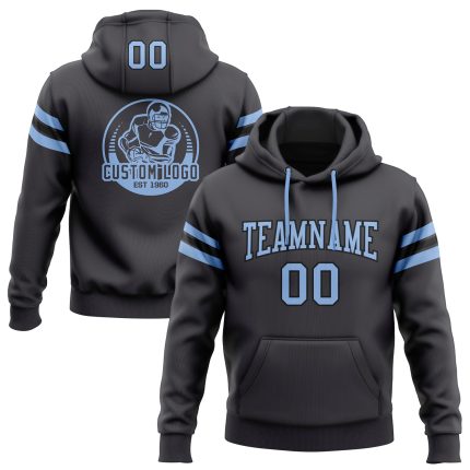 Custom Football Hoodie with Personalized Name and Number in Steel Gray and Light Blue-Black, Stitched Pullover Sweatshirt