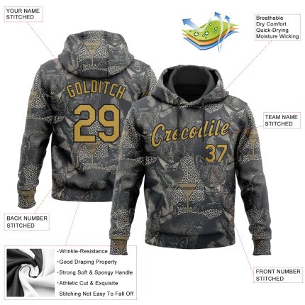 Custom Name and Number Cat Hoodie - 3D Pattern Design in Steel Gray and Old Gold-Black - Personalized Pullover Sweatshirt