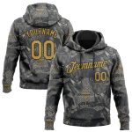 Custom Name and Number Cat Hoodie - 3D Pattern Design in Steel Gray and Old Gold-Black - Personalized Pullover Sweatshirt