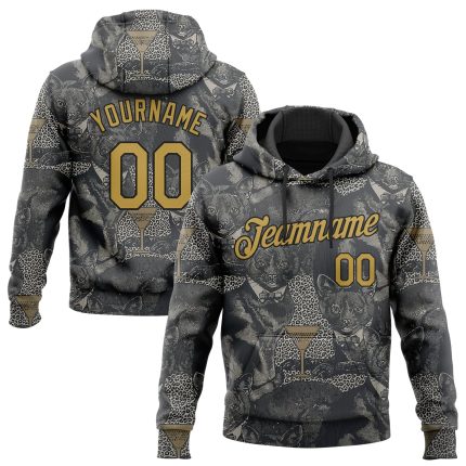 Custom Name and Number Cat Hoodie - 3D Pattern Design in Steel Gray and Old Gold-Black - Personalized Pullover Sweatshirt