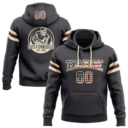 Custom USA Flag Football Hoodie Pullover Sweatshirt - Personalized Stitched Cream-Crimson Team Name & Number Steel Gray Personalized