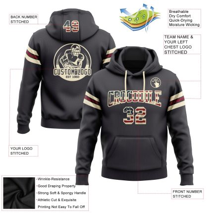 Custom USA Flag Football Hoodie Pullover Sweatshirt - Personalized Stitched Cream-Crimson Team Name & Number Steel Gray Personalized