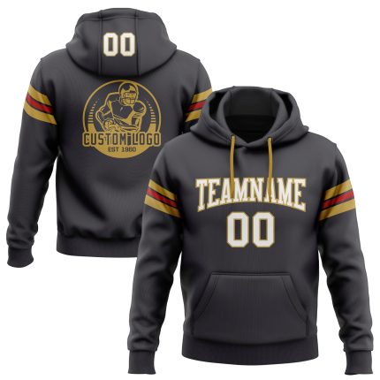 Personalized Custom Football Hoodie Sweatshirt with Stitched Name & Number - Steel Gray, White, Old Gold-Red Personalized