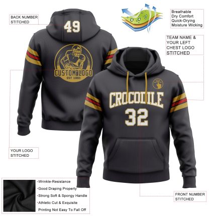 Personalized Custom Football Hoodie Sweatshirt with Stitched Name & Number - Steel Gray, White, Old Gold-Red Personalized