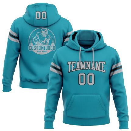 Custom Team Name Number Stitched Hoodie Sweatshirt - Teal Gray Black Football Pullover Personalized Stitched Teal Gray-Black