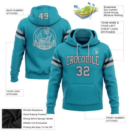 Custom Team Name Number Stitched Hoodie Sweatshirt - Teal Gray Black Football Pullover Personalized Stitched Teal Gray-Black