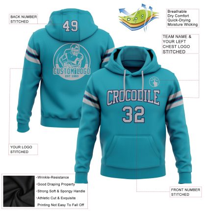 Custom Name Number Football Hoodie Sweatshirt Teal Gray Navy Personalized Stitched Pullover Personalized Stitched Teal Gray-Navy