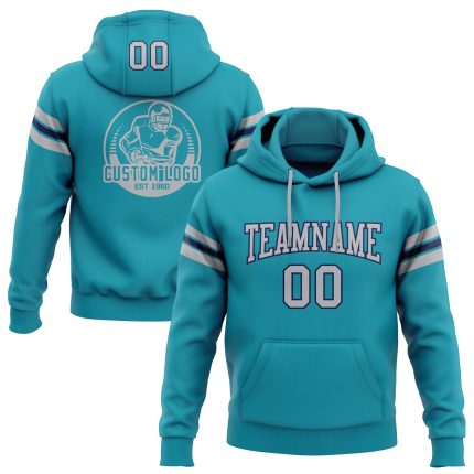 Custom Name Number Football Hoodie Sweatshirt Teal Gray Navy Personalized Stitched Pullover Personalized Stitched Teal Gray-Navy