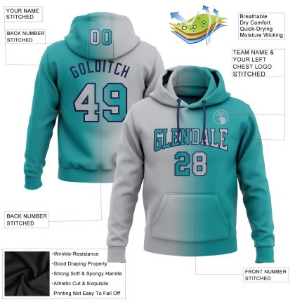 Custom Team Hoodie Personalized Stitched Pullover Sweatshirt with Name and Number Teal Gray Navy Gradient Fashion Personalized