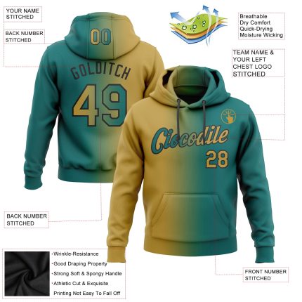 Custom Teal Old Gold-Black Gradient Sports Hoodie Sweatshirt with Personalized Name and Number - Fashion Pullover Personalized