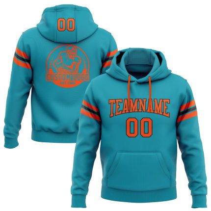 Custom Team Football Hoodie with Personalized Name and Number, Stitched Design in Teal, Orange, and Black Pullover Sweatshirt
