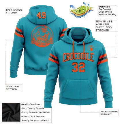 Custom Team Football Hoodie with Personalized Name and Number, Stitched Design in Teal, Orange, and Black Pullover Sweatshirt