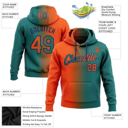 Custom Name and Number Hoodie - Personalized Teal Orange-Navy Gradient Fashion Sports Pullover Sweatshirt Personalized Stitched
