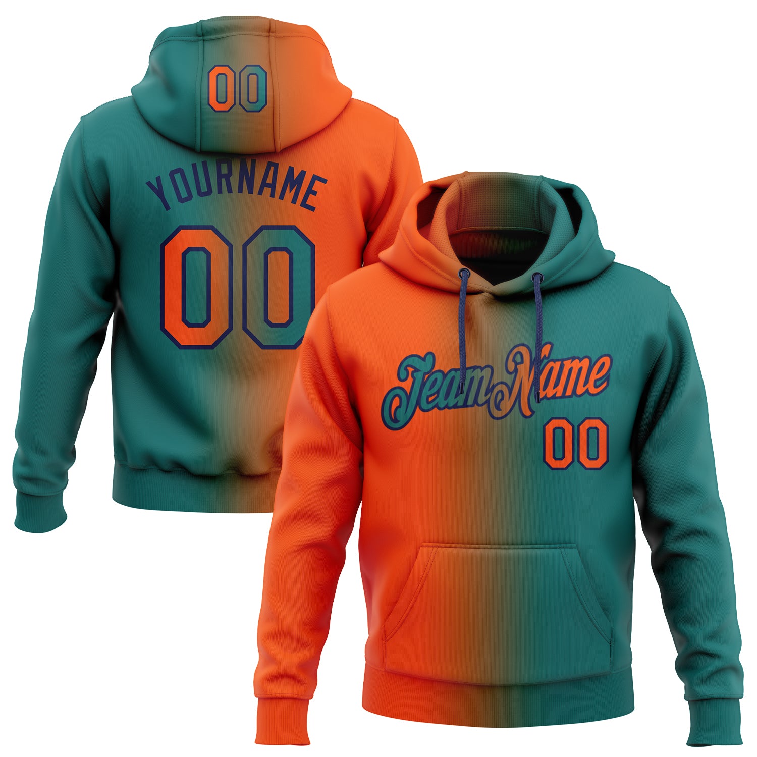 Custom Name and Number Hoodie - Personalized Teal Orange-Navy Gradient Fashion Sports Pullover Sweatshirt Personalized Stitched