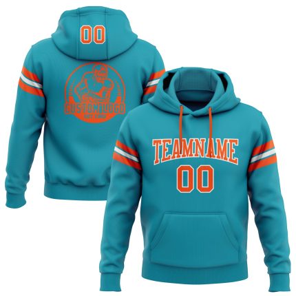 Custom Name Number Football Hoodie Teal Orange White Stitched Pullover Sweatshirt - Personalized Team Apparel Personalized