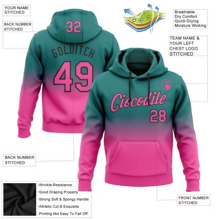 Custom Stitched Hoodie with Team Name and Number - Teal Pink Black Fade Fashion Sports Pullover Sweatshirt Personalized Stitched